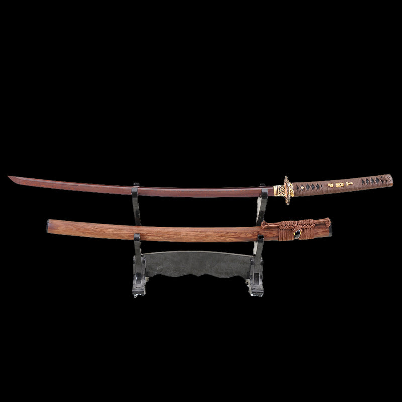 Handgeschmiedetes japanisches Samurai-Katana-Schwert gefalteter Stahl rötlich-schwarze Klingen-Drachen-Tsuba - COOLKATANA 