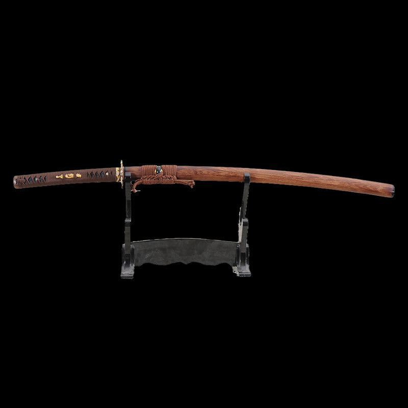 Handgeschmiedetes japanisches Samurai-Katana-Schwert gefalteter Stahl rötlich-schwarze Klingen-Drachen-Tsuba - COOLKATANA 
