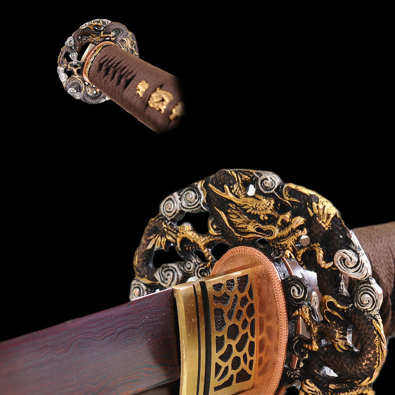 Handgeschmiedetes japanisches Samurai-Katana-Schwert gefalteter Stahl rötlich-schwarze Klingen-Drachen-Tsuba - COOLKATANA 