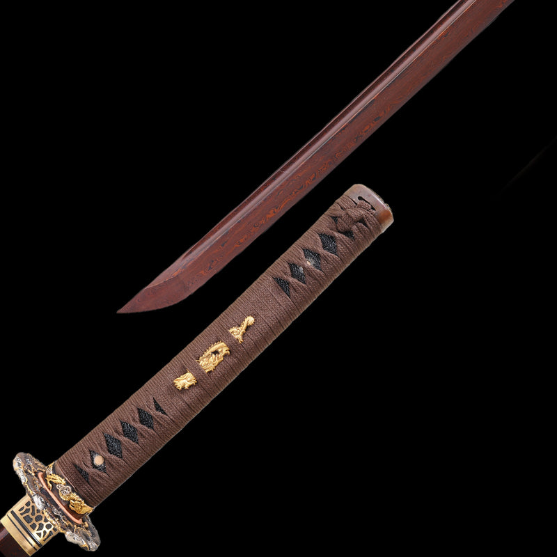 Handgeschmiedetes japanisches Samurai-Katana-Schwert gefalteter Stahl rötlich-schwarze Klingen-Drachen-Tsuba - COOLKATANA 