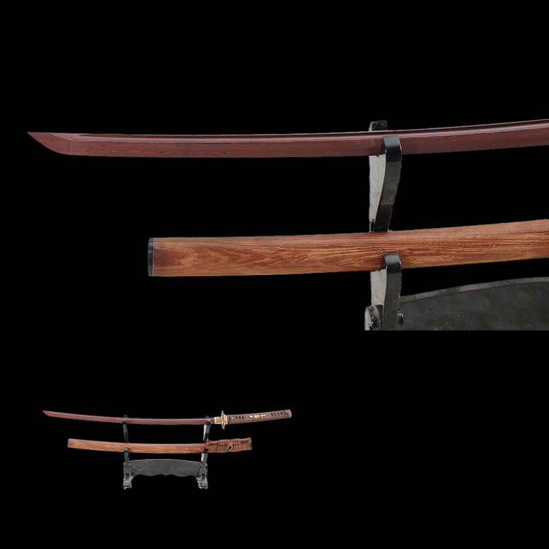Handgeschmiedetes japanisches Samurai-Katana-Schwert gefalteter Stahl rötlich-schwarze Klingen-Drachen-Tsuba - COOLKATANA 
