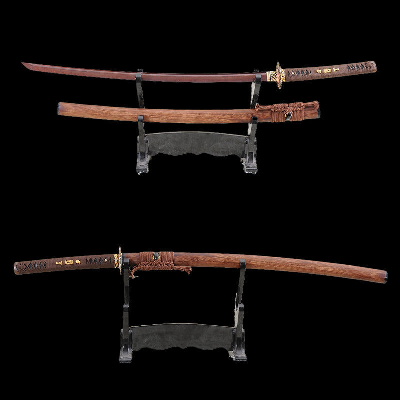 Handgeschmiedetes japanisches Samurai-Katana-Schwert gefalteter Stahl rötlich-schwarze Klingen-Drachen-Tsuba - COOLKATANA 