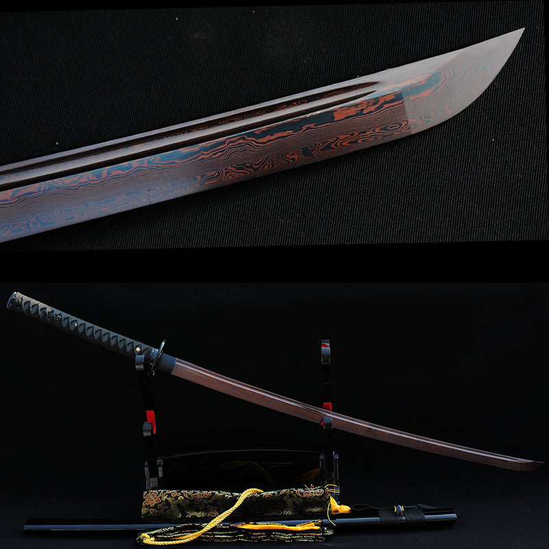 Handgeschmiedetes japanisches Samurai-Katana-Schwert gefaltete rötlich-schwarze Stahlklinge - COOLKATANA 