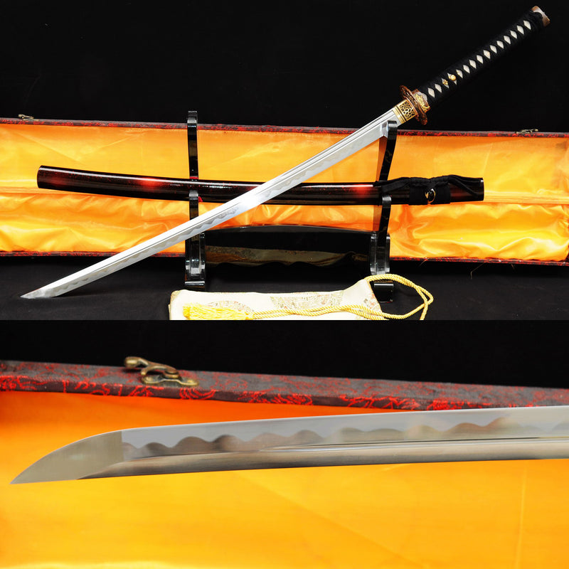 Handgeschmiedetes japanisches Samurai-Katana-Schwert O-Kissaki 1095 Hartstahl Vollerl-Kupferblumen-Tsuba - COOLKATANA 
