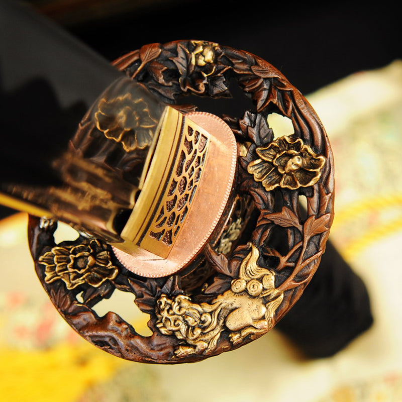 Handgeschmiedetes japanisches Samurai-Katana-Schwert O-Kissaki 1095 Hartstahl Vollerl-Kupferblumen-Tsuba - COOLKATANA 