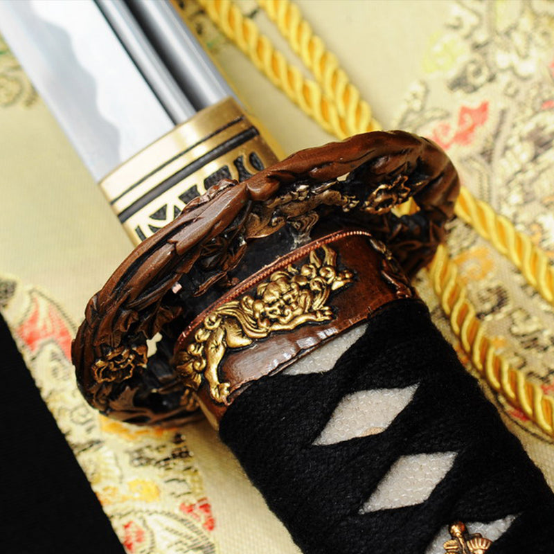 Handgeschmiedetes japanisches Samurai-Katana-Schwert O-Kissaki 1095 Hartstahl Vollerl-Kupferblumen-Tsuba - COOLKATANA 