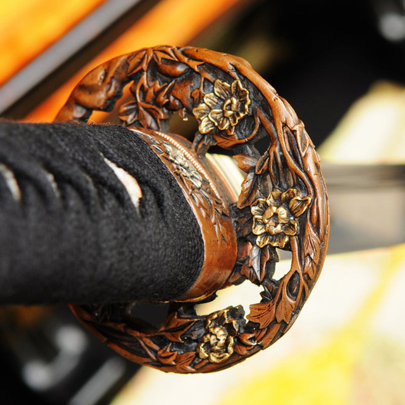 Handgeschmiedetes japanisches Samurai-Katana-Schwert O-Kissaki 1095 Hartstahl Vollerl-Kupferblumen-Tsuba - COOLKATANA 