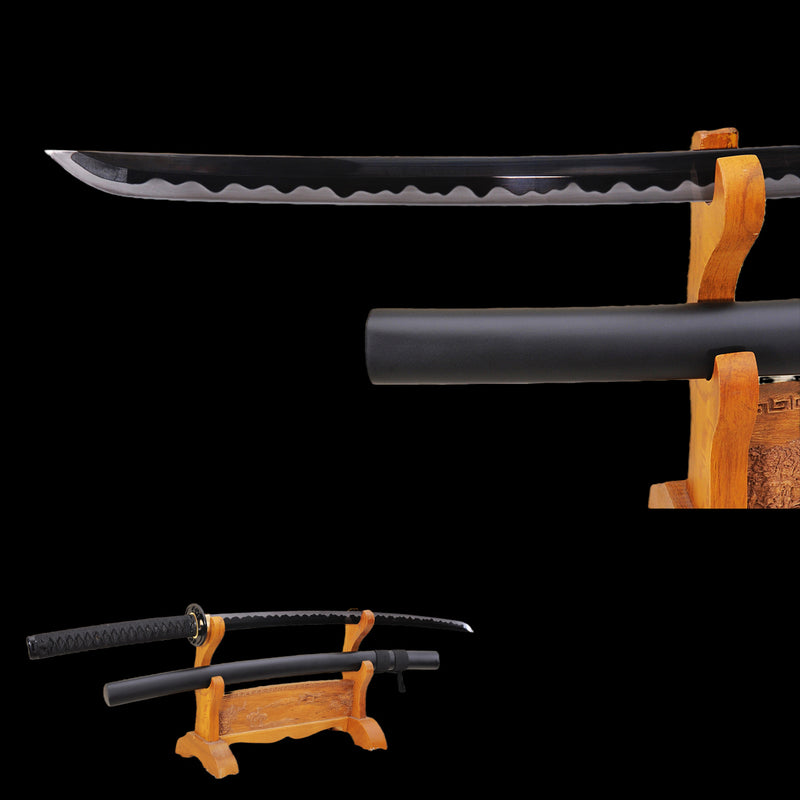 Handgeschmiedetes japanisches Samurai-Katana-Schwert 1095 Kohlenstoffstahl Schwarze Klinge Gefälschte Hamon-Eisen-Tsuba - COOLKATANA 