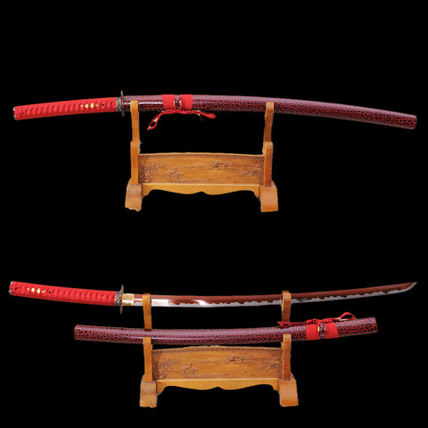 Hand Forged Japanese Samurai Katana Sword 1095 Carbon Steel Red Blade Abrasived Hamon-COOLKATANA-SL-1009-U