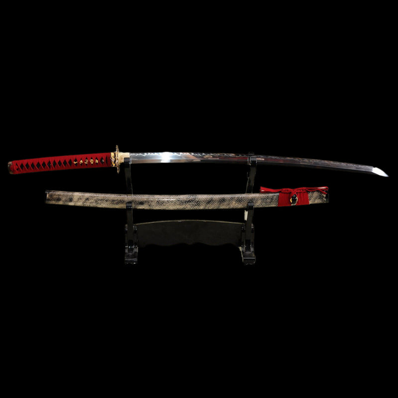 Handgeschmiedetes japanisches Samurai-Schwert Clay Tempered Katana Full Rayskin Saya - COOLKATANA 