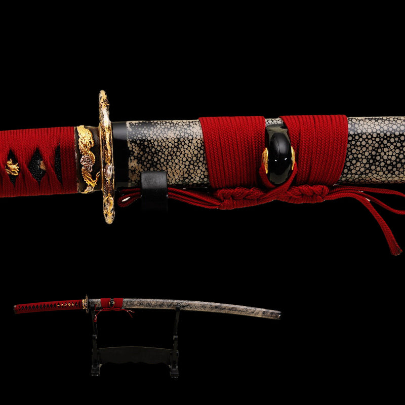 Handgeschmiedetes japanisches Samurai-Schwert Clay Tempered Katana Full Rayskin Saya - COOLKATANA 