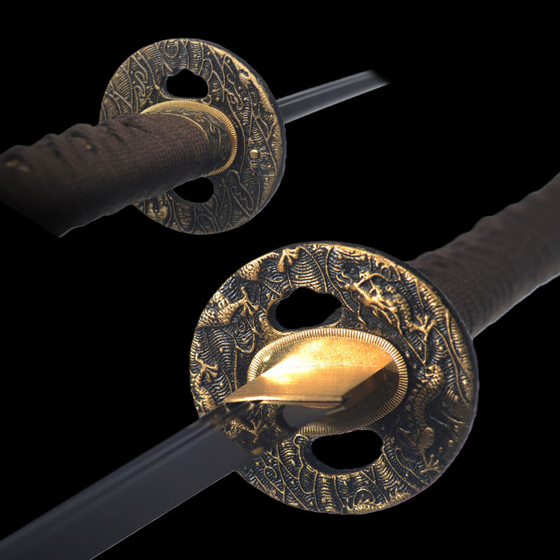 Handgeschmiedetes japanisches Samurai-Schwert UNOKUBI-ZUKURI Katana gefaltete Stahlklinge aus gehärtetem schwarzem Ton - COOLKATANA 