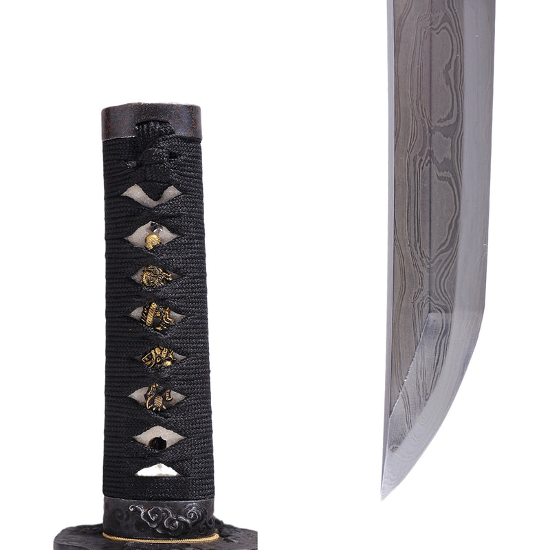 Hand Forged Japanese Tanto Sword Damascus 1095 Carbon Steel Short Sword Iron Tsuba 