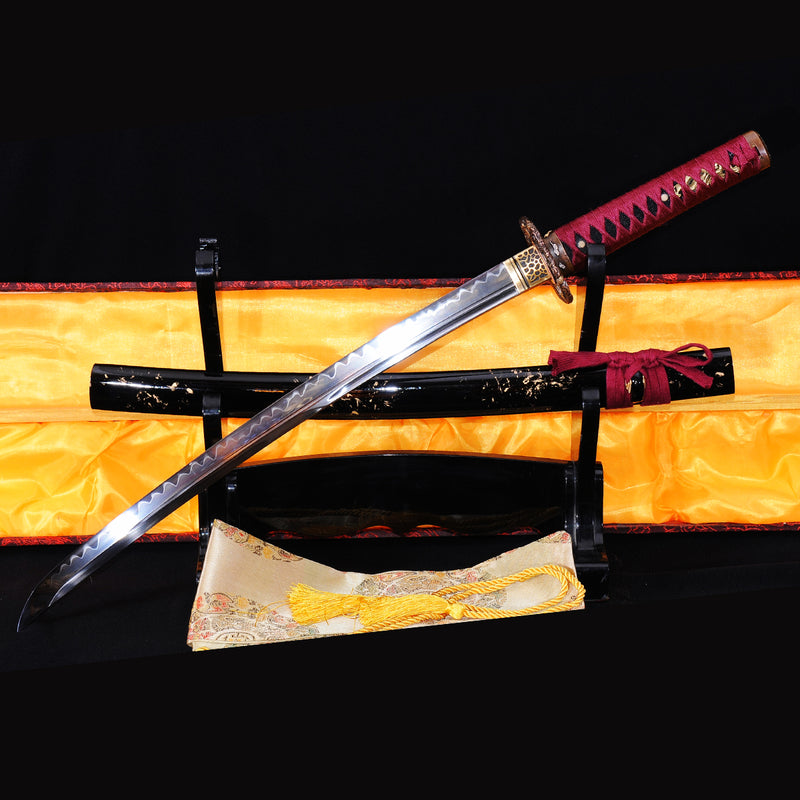Handgeschmiedetes japanisches Wakizashi-Schwert 1095 Kohlenstoffstahl Ton gehärtetes Kupfer Drachentsuba - COOLKATANA 