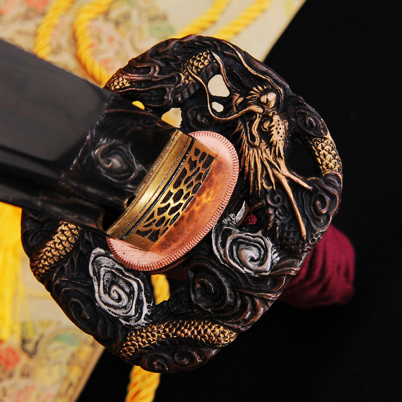 Handgeschmiedetes japanisches Wakizashi-Schwert 1095 Kohlenstoffstahl Ton gehärtetes Kupfer Drachentsuba - COOLKATANA 
