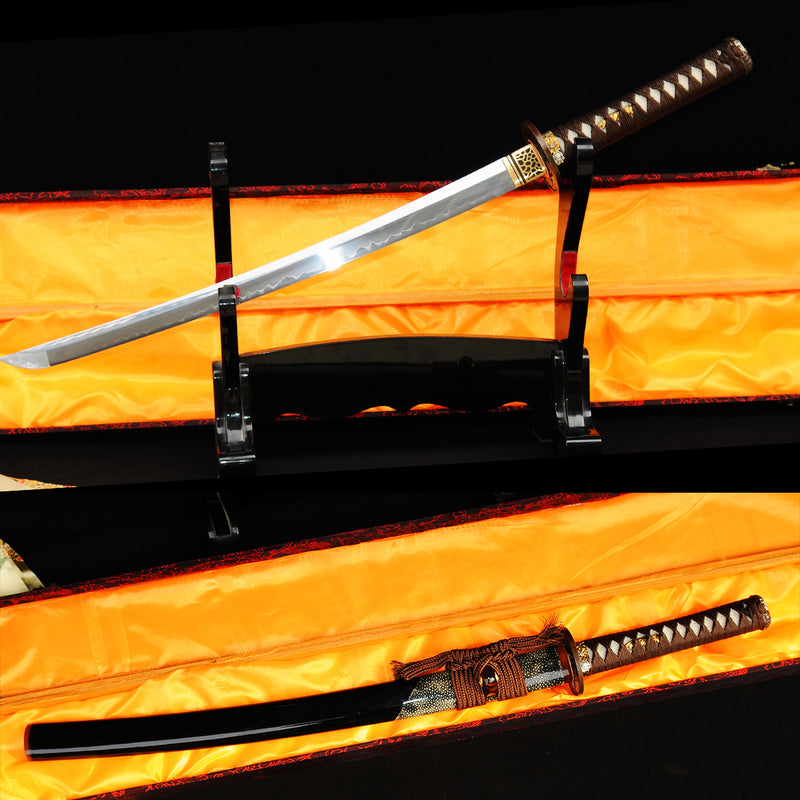 Handgeschmiedetes japanisches Wakizashi-Schwert 1095 Kohlenstoffstahl Ton gehärtete Rochenhaut Saya Kupfer Tsuba - COOLKATANA 