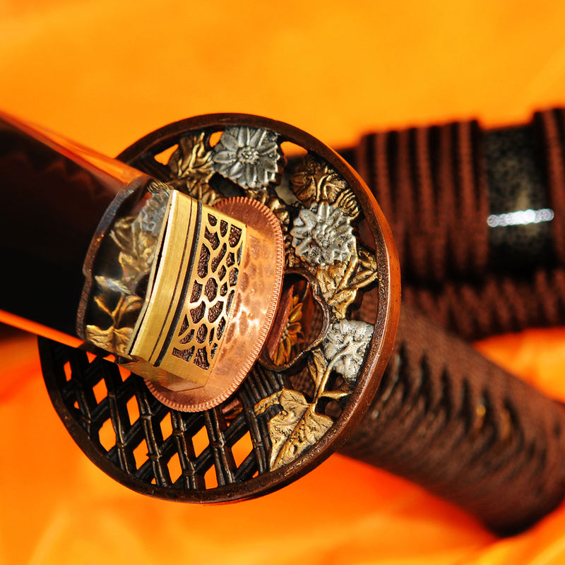 Handgeschmiedetes japanisches Wakizashi-Schwert 1095 Kohlenstoffstahl Ton gehärtete Rochenhaut Saya Kupfer Tsuba - COOLKATANA 