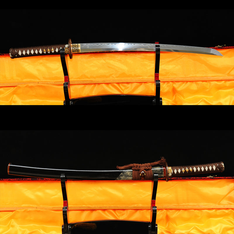 Handgeschmiedetes japanisches Wakizashi-Schwert 1095 Kohlenstoffstahl Ton gehärtete Rochenhaut Saya Kupfer Tsuba - COOLKATANA 