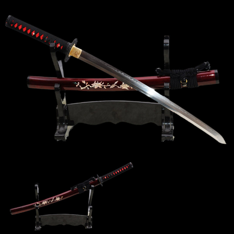 Handgeschmiedetes japanisches Wakizashi-Schwert 1095 Kohlenstoffstahl Ton gehärtete Schale mit eingelegter Saya - COOLKATANA 