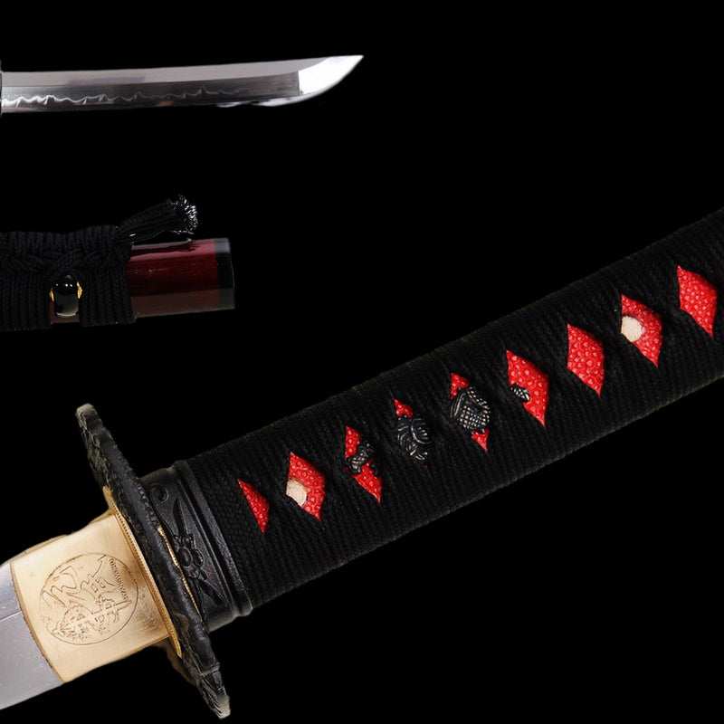 Handgeschmiedetes japanisches Wakizashi-Schwert 1095 Kohlenstoffstahl Ton gehärtete Schale mit eingelegter Saya - COOLKATANA 