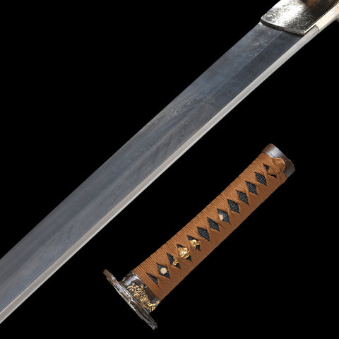 Hand Forged Japanese Wakizashi Sword Feathered-Pattern Folded Steel Copper Tsuba-COOLKATANA-SL-1230-U