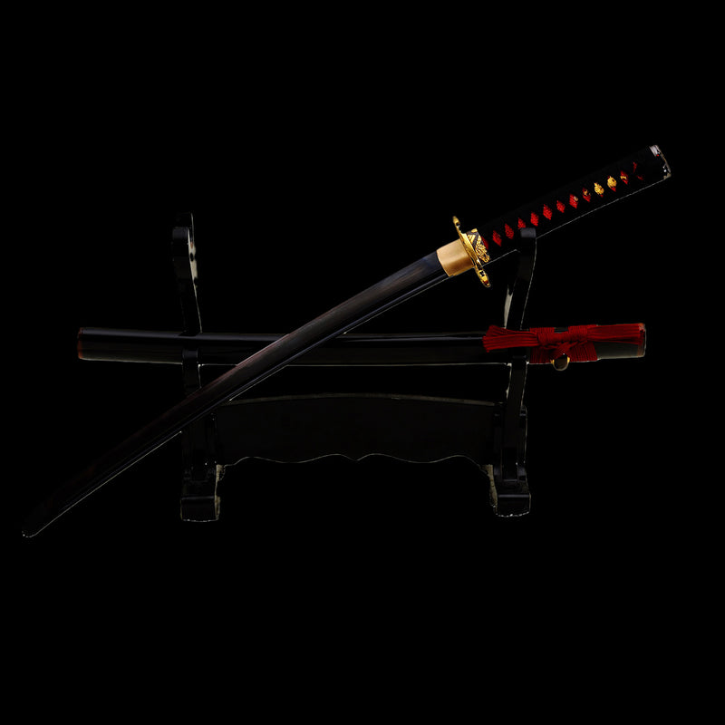 Handgeschmiedetes japanisches Wakizashi-Schwert Gefaltetes Tsuba aus Stahl mit schwarzer Klinge - COOLKATANA 