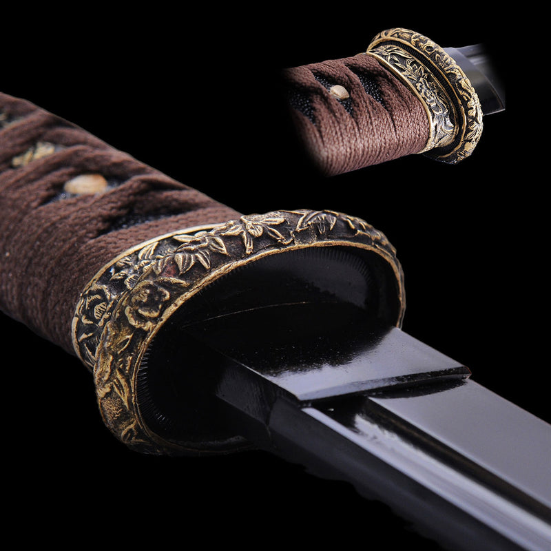 Hand Forged Japanese Wakizashi Sword Folded Steel Black Blade Brass Fi 