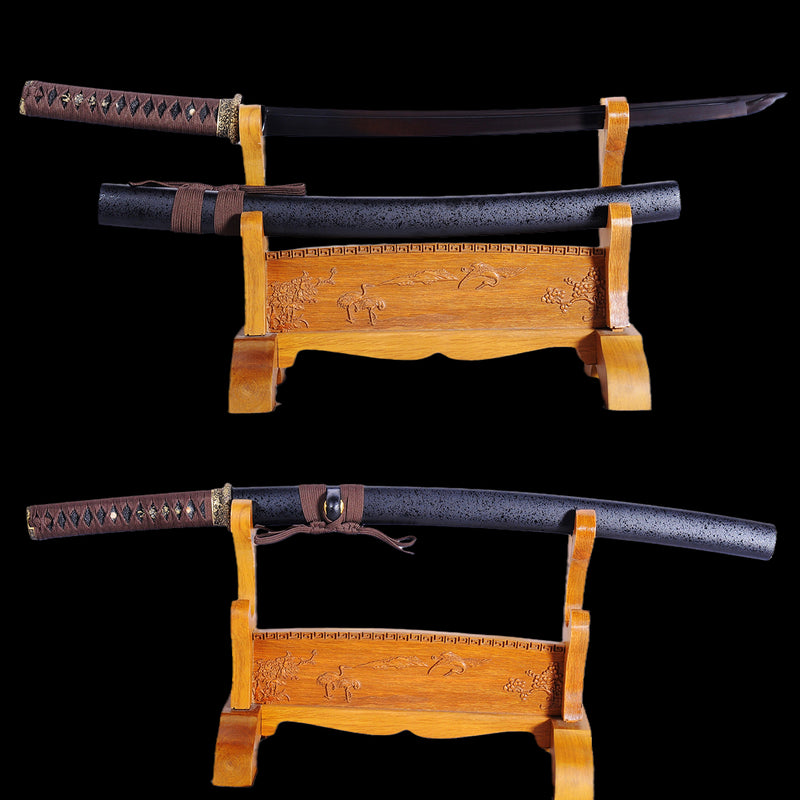 Hand Forged Japanese Wakizashi Sword Folded Steel Black Blade Brass Fi 
