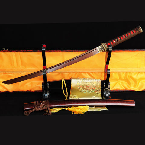 Hand Forged Japanese Wakizashi Sword Folded Steel Brass Tsuba Reddish Black Blade-COOLKATANA-SL-322-U