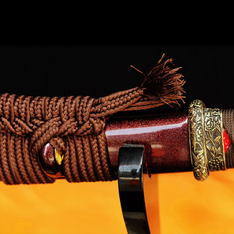 Handgeschmiedetes japanisches Wakizashi-Schwert, gefaltete Stahl-Messing-Tsuba, rötlich-schwarze Klinge - COOLKATANA 
