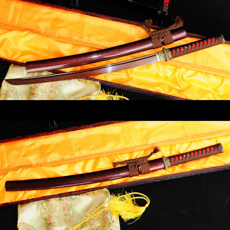 Handgeschmiedetes japanisches Wakizashi-Schwert, gefaltete Stahl-Messing-Tsuba, rötlich-schwarze Klinge - COOLKATANA 