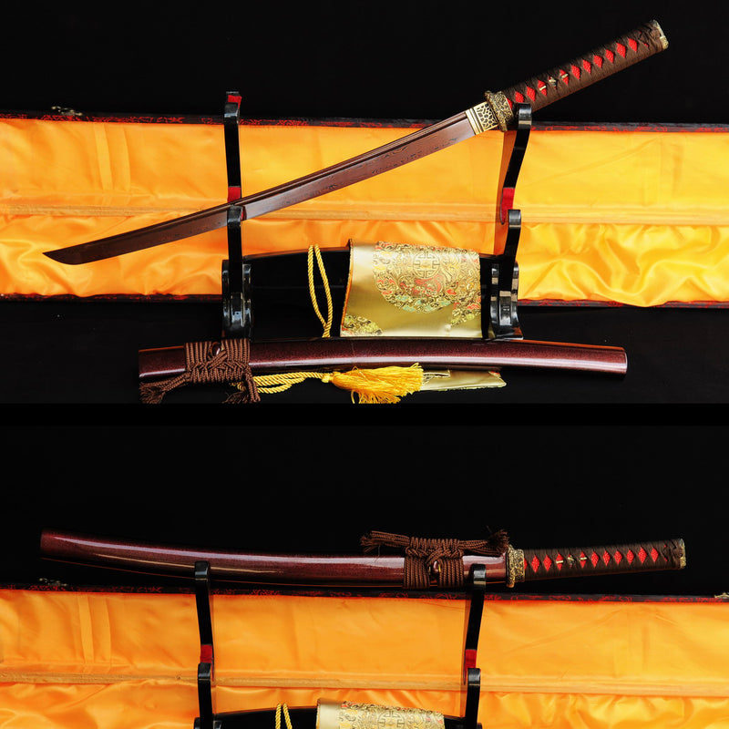 Handgeschmiedetes japanisches Wakizashi-Schwert, gefaltete Stahl-Messing-Tsuba, rötlich-schwarze Klinge - COOLKATANA 