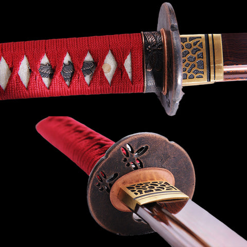 Hand Forged Japanese Wakizashi Sword Folded Steel Reddish Black Blade Full Tang-COOLKATANA-SL-1048-U