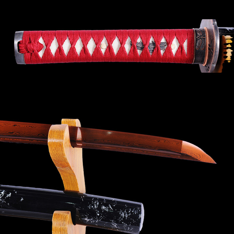 Hand Forged Japanese Wakizashi Sword Folded Steel Reddish Black Blade  
