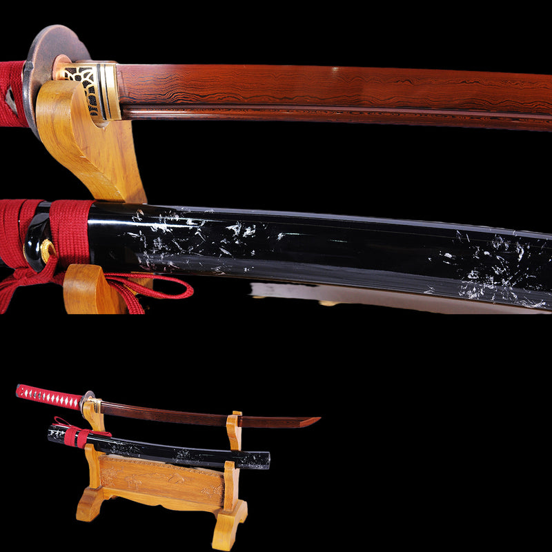 Hand Forged Japanese Wakizashi Sword Folded Steel Reddish Black Blade  