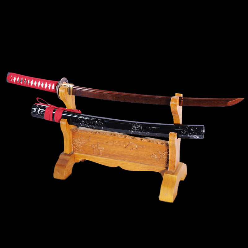 Hand Forged Japanese Wakizashi Sword Folded Steel Reddish Black Blade  