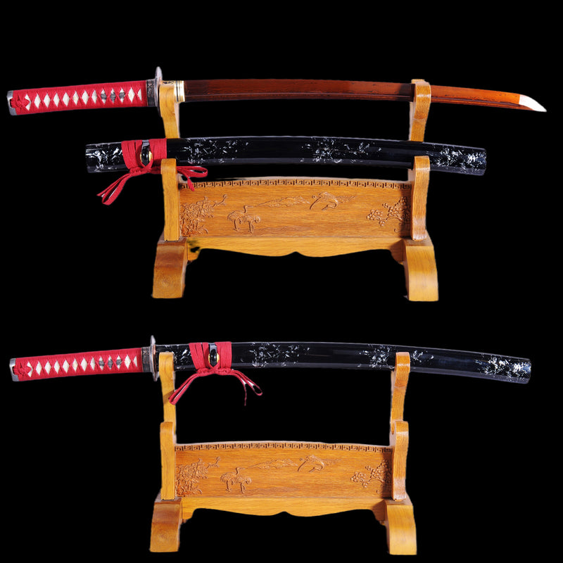 Hand Forged Japanese Wakizashi Sword Folded Steel Reddish Black Blade  