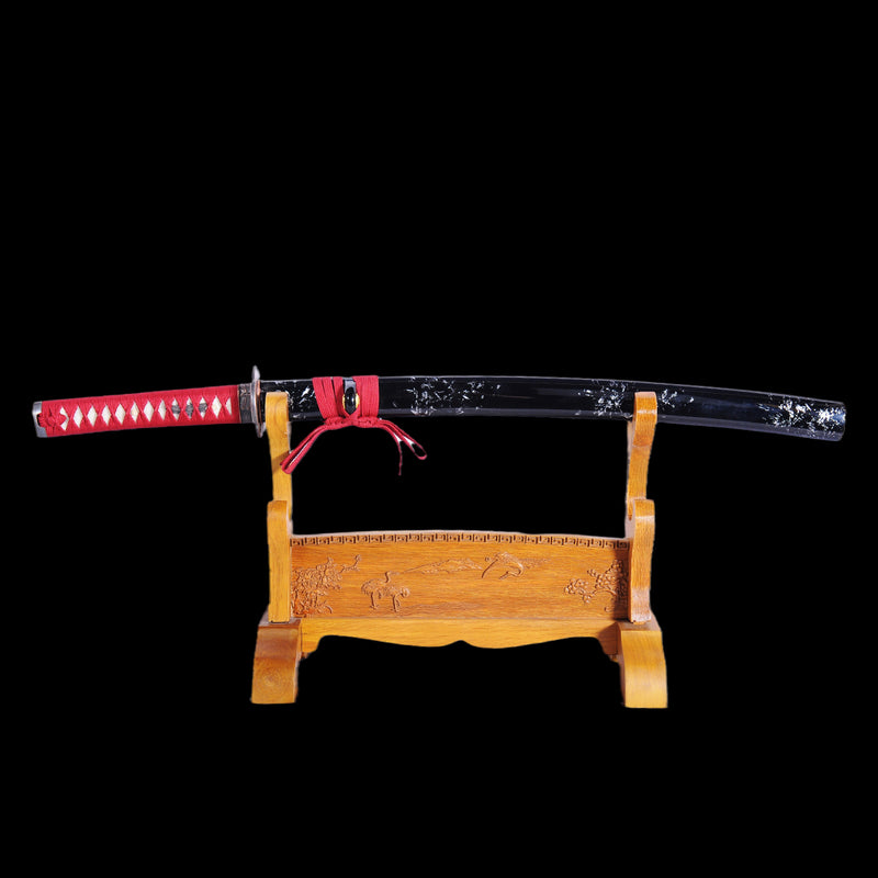 Hand Forged Japanese Wakizashi Sword Folded Steel Reddish Black Blade  
