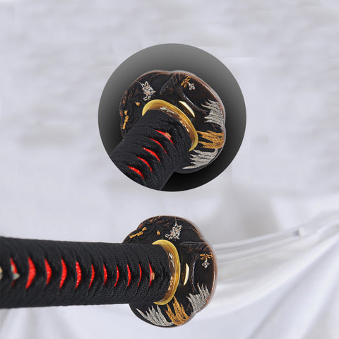Hand Forged Kanmuri-Otoshi Katana Sword Clay Tempered 1095 Steel Double Edge Double Hamon Hand-Drawn Saya-COOLKATANA-SL-1291-U