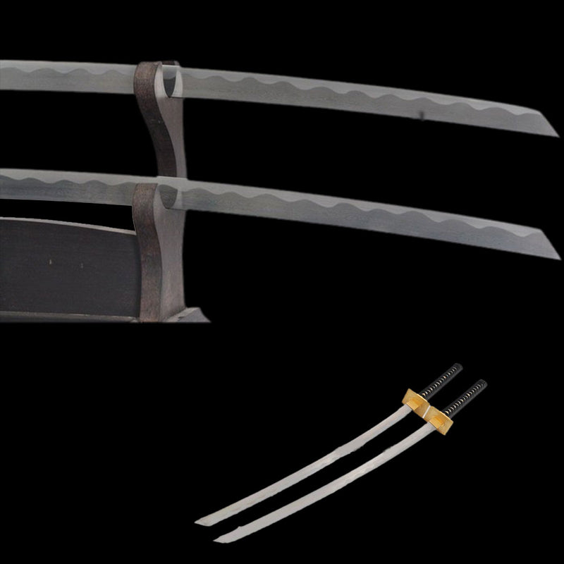 Handgeschmiedete Marvel Deadpool Doppelschwerter Nachbildung Gefalteter Stahl Messing Tsuba Mit Rückengeschirr - COOLKATANA 
