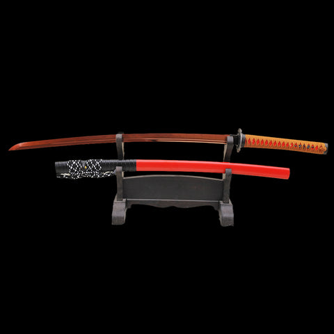 Handmade Japanese Katana Sword 1095 Carbon Steel Clay Tempered Red Blade Iron Tsuba-COOLKATANA-SL-894-U