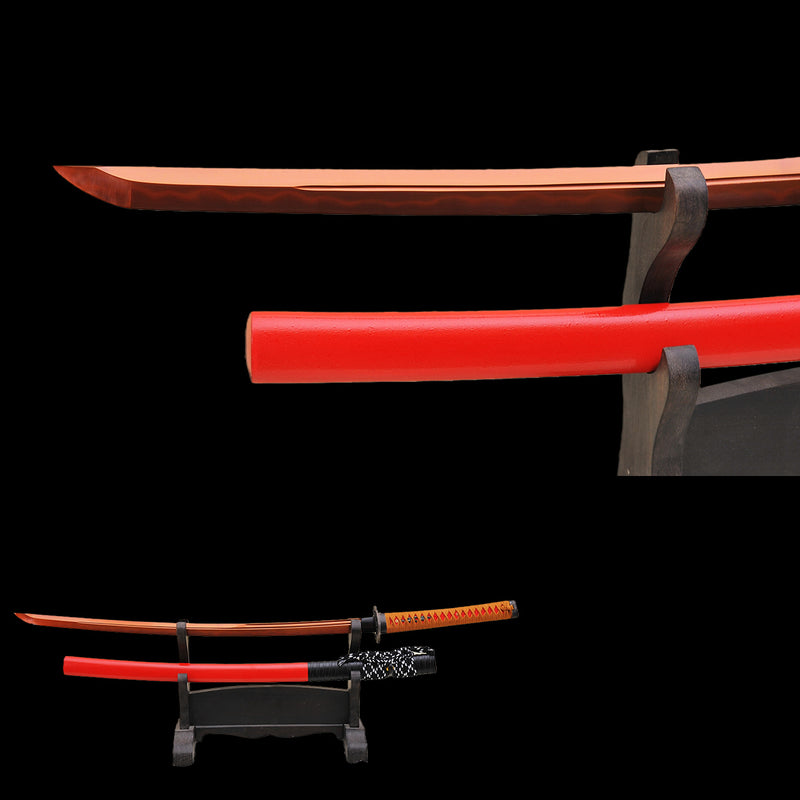 Handmade Japanese Katana Sword 1095 Carbon Steel Clay Tempered Red Bla 