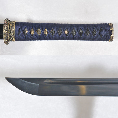 Handmade Japanese Ninja Sword Straight Blade Ninjato Folded Steel Black Blade Brass Tsuba-COOLKATANA-SL-1170-U