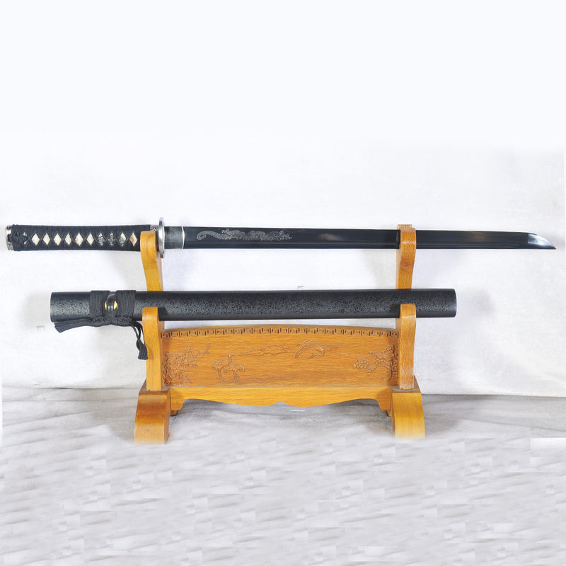 Handmade Japanese Ninja Sword Straight Blade Ninjato Folded Steel Dragon Engraving - COOLKATANA 