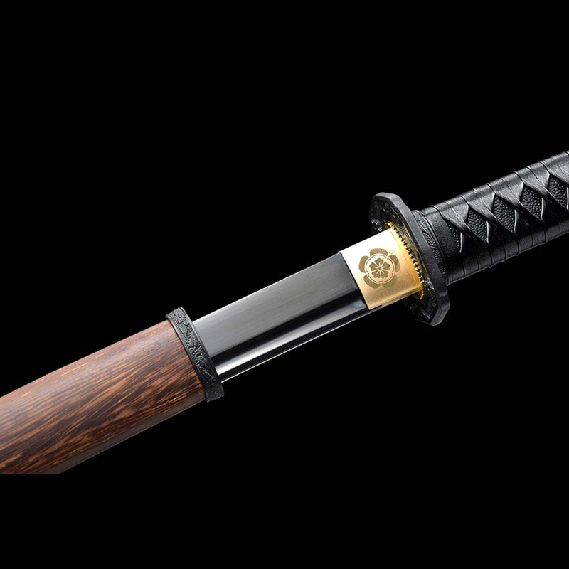 Japanese Gunto 1060 Carbon Steel Black Blade Katana Sword with Bo-hi Rosewood Saya 