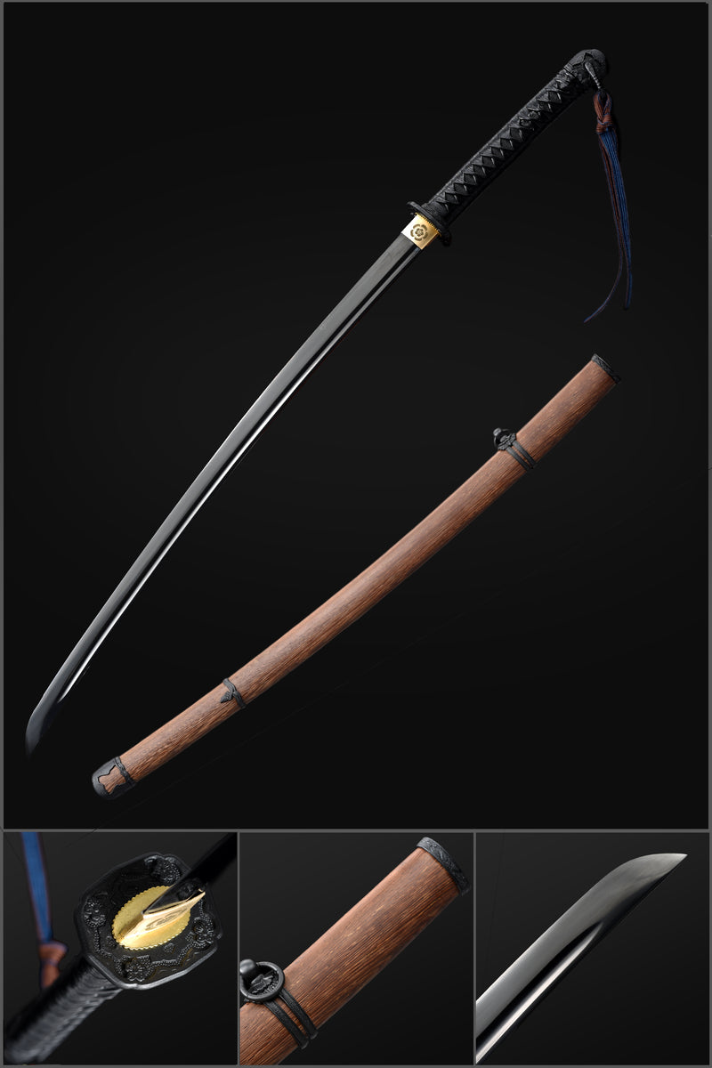 Japanese Gunto 1060 Carbon Steel Black Blade Katana Sword with Bo-hi Rosewood Saya 