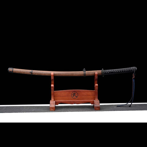 Handmade Japanese Samurai Katana, Japanese Gunto 1060 Carbon Steel Black Blade with Bo-hi Rosewood Saya-COOLKATANA-QQ-0223-U
