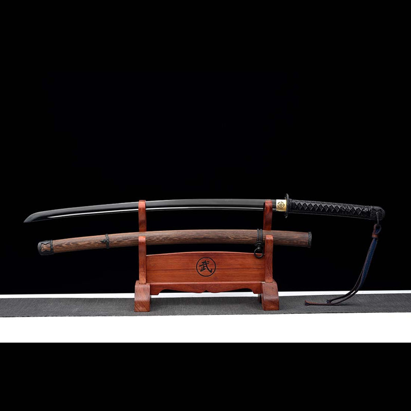 Japanese Gunto 1060 Carbon Steel Black Blade Katana Sword with Bo-hi Rosewood Saya 