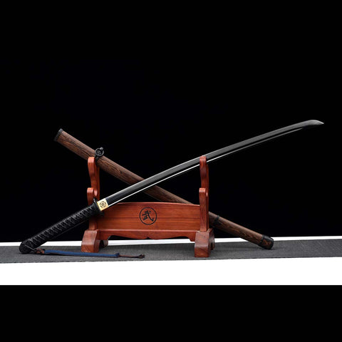 Handmade Japanese Samurai Katana, Japanese Gunto 1060 Carbon Steel Black Blade with Bo-hi Rosewood Saya-COOLKATANA-QQ-0223-U