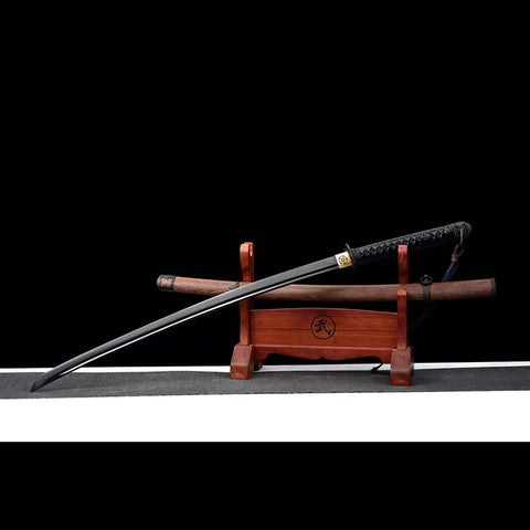 Handmade Japanese Samurai Katana, Japanese Gunto 1060 Carbon Steel Black Blade with Bo-hi Rosewood Saya-COOLKATANA-QQ-0223-U